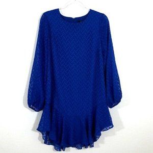 NWT BCBGMaxAzria Blue Sapphire  Dress, Long Bell Sleeves, Ruffle Hem, XS